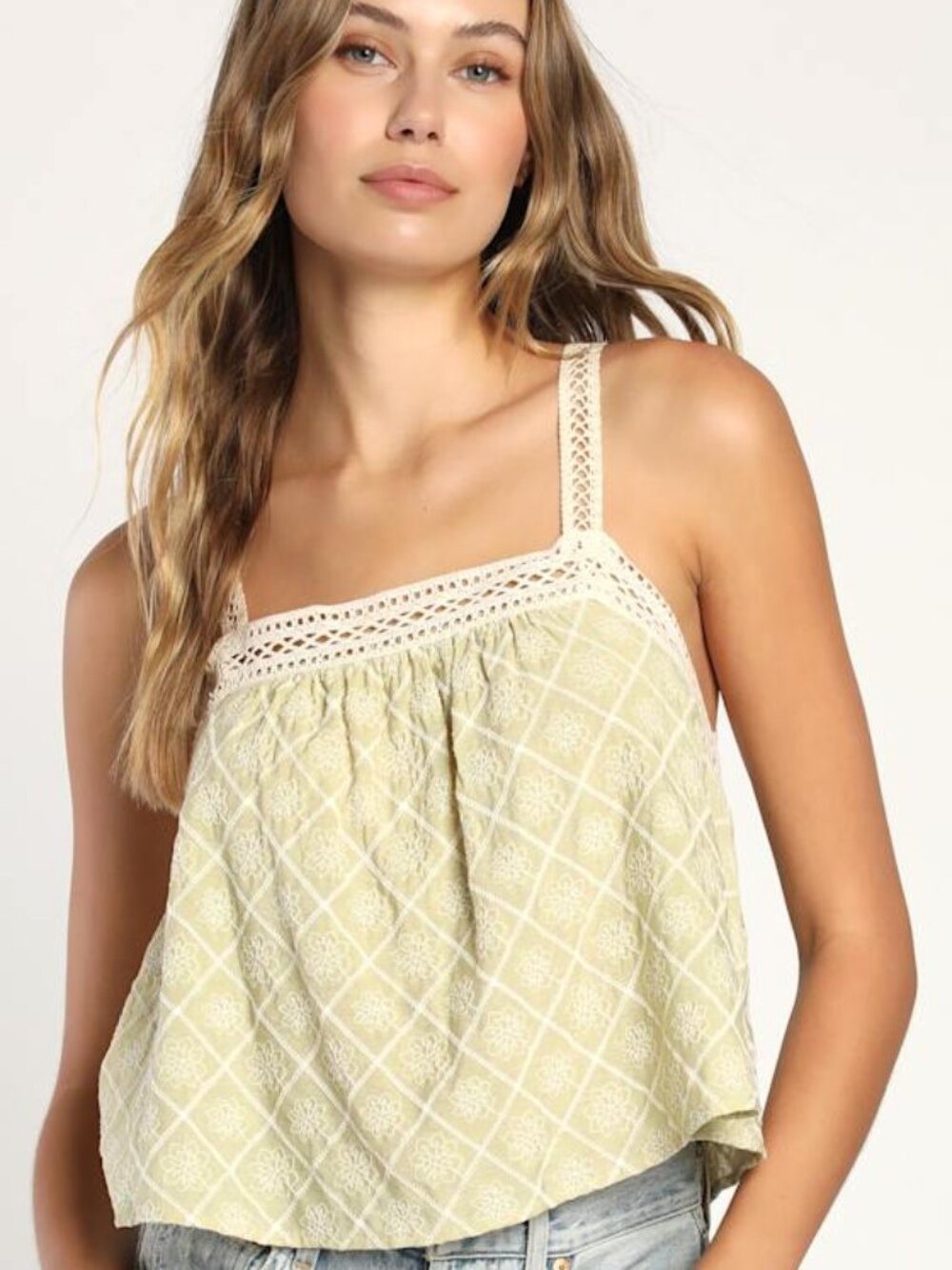 Lulus Country Cute Sage Green Embroidered Babydoll Tank Top - Size XS